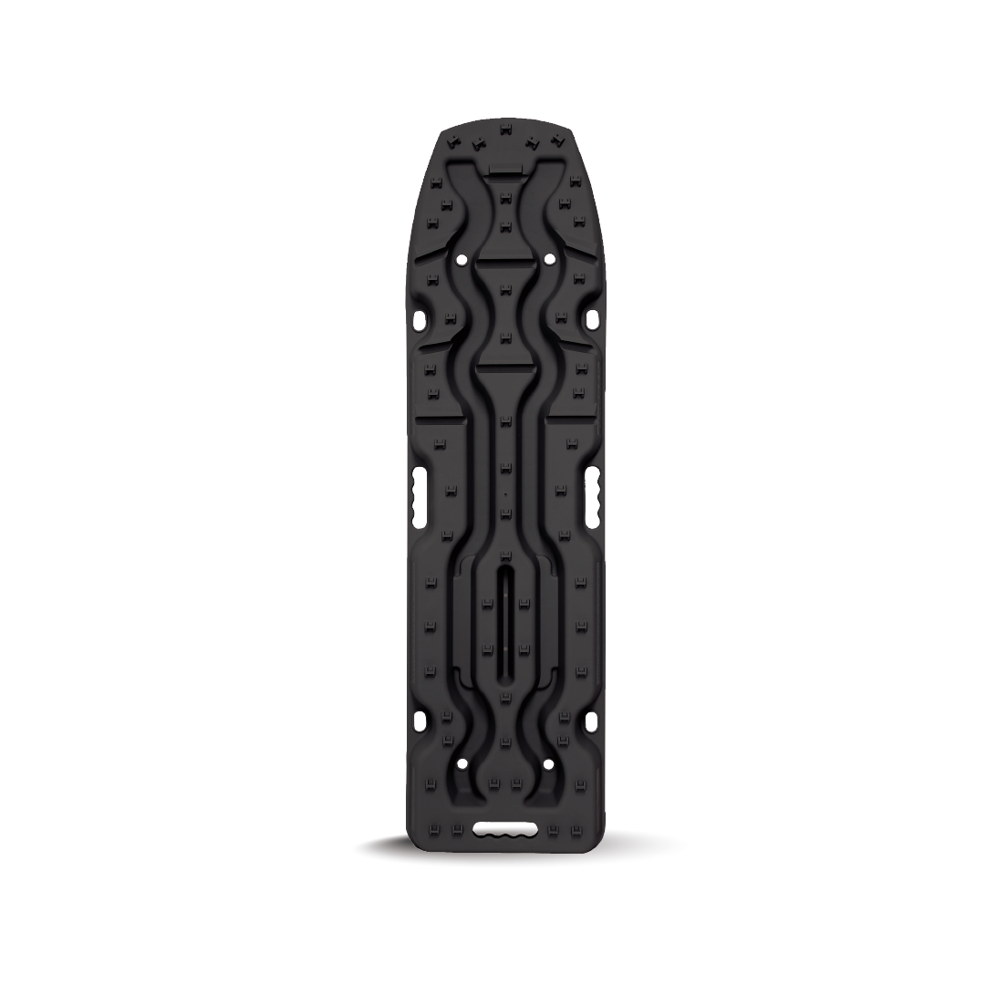 The Exitrax Recovery Boards Ultimate 1150 - Black are rectangular plastic boards with side and end handles, featuring cutouts and grooves for securing straps, used for patient transport or immobilization during 4x4 recovery.