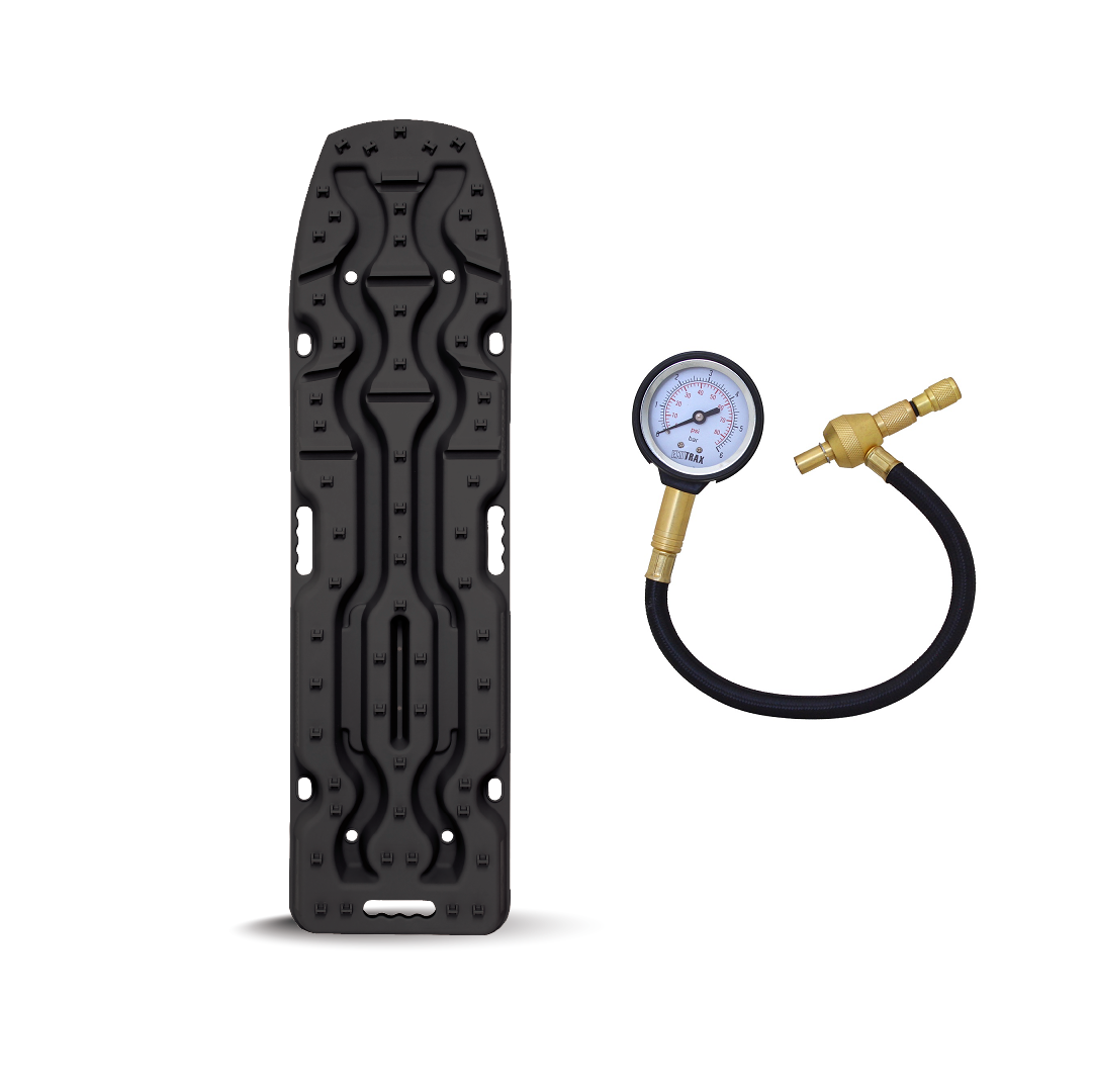 An Exitrax Recovery Board Ultimate 1150 in black is paired with a convenient tyre deflator bundle, all elegantly showcased against a crisp white background.
