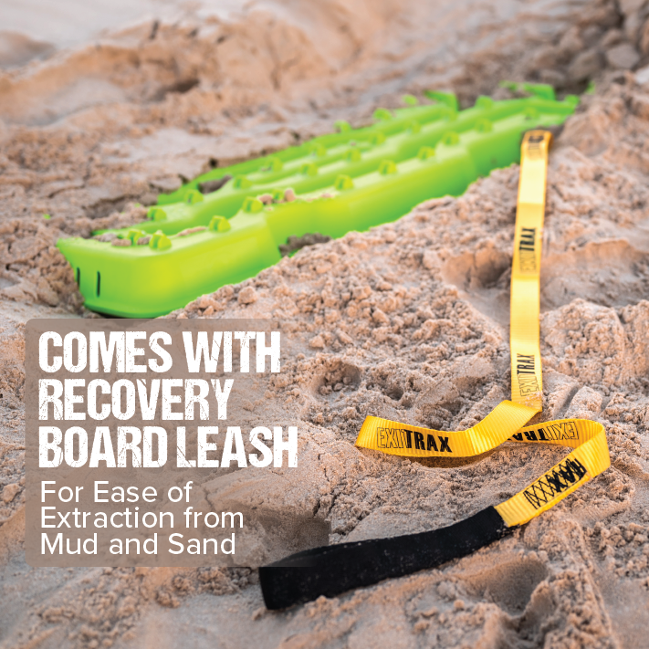 A bold Blood Orange Exitrax Recovery Boards Ultimate 1150 rests on sand with a yellow leash attached. Image text says, "COMES WITH RECOVERY BOARD LEASH." Ideal for any 4x4er, it eases extraction and maintains traction in mud and sand.
