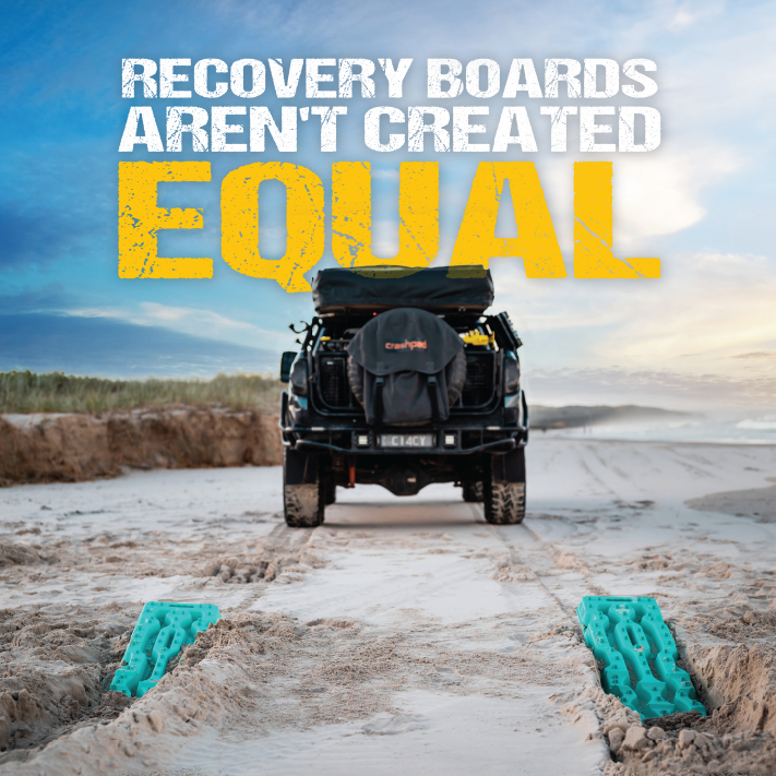 A 4x4 rests on a sandy beach, smoothly navigating the sand with Exitrax's Recovery Board Ultimate 1150 - Blood Orange + Recovery Board Mounts Bundle. The sky is partly cloudy, with text that reads, "Recovery boards aren't created equal.