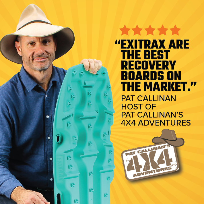 A man in a wide-brimmed hat holds a bright Blood Orange Exitrax Recovery Boards Ultimate 1150 + Mounts Bundle. Text: “EXITRAX ARE THE BEST RECOVERY BOARDS ON THE MARKET.” – Pat Callinan, host of Pat Callinan’s 4X4 Adventures. Logo visible.