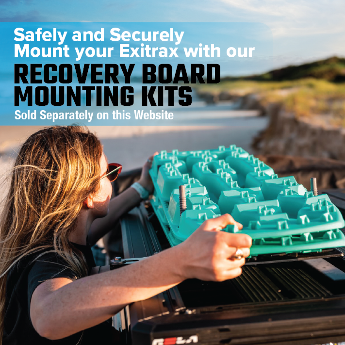 A person with long hair secures an Exitrax Recovery Boards Ultimate 1150 - Blood Orange + Recovery Board Mounts Bundle to a vehicle, with sand dunes and grass behind them. Text about mounting Exitrax recovery boards appears on the image.
