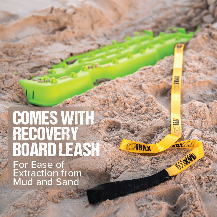 A pair of Exitrax Recovery Boards Ultimate 1150 in Blood Orange with yellow leash rest on sand. Text: "Includes recovery board leash for easy extraction from mud and sand." Plus, Recovery Board Mounts Bundle.