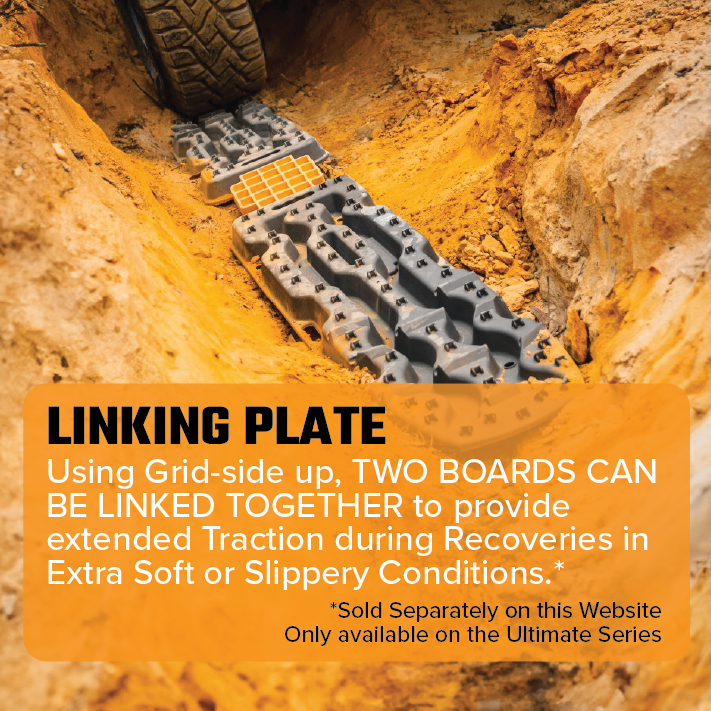 The Exitrax Recovery Board Ultimate 1150 - Blood Orange + Mounts Bundle is strategically placed in a muddy trench for vehicle recovery. Text overlays highlight the linking plates, enhancing traction in slippery conditions, emphasizing its role as part of the Ultimate Series for 4x4 recovery.