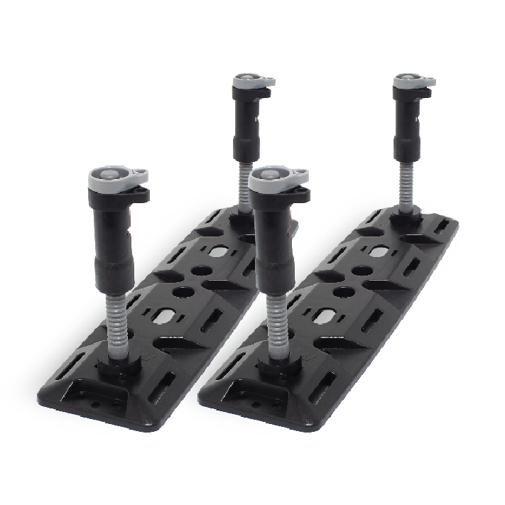 Two black rectangular Exitrax Recovery Board Mounts with adjustable screws and plastic supports securely hold the Recovery Boards Ultimate 1150 - Blood Orange, shown angled against a white background.
