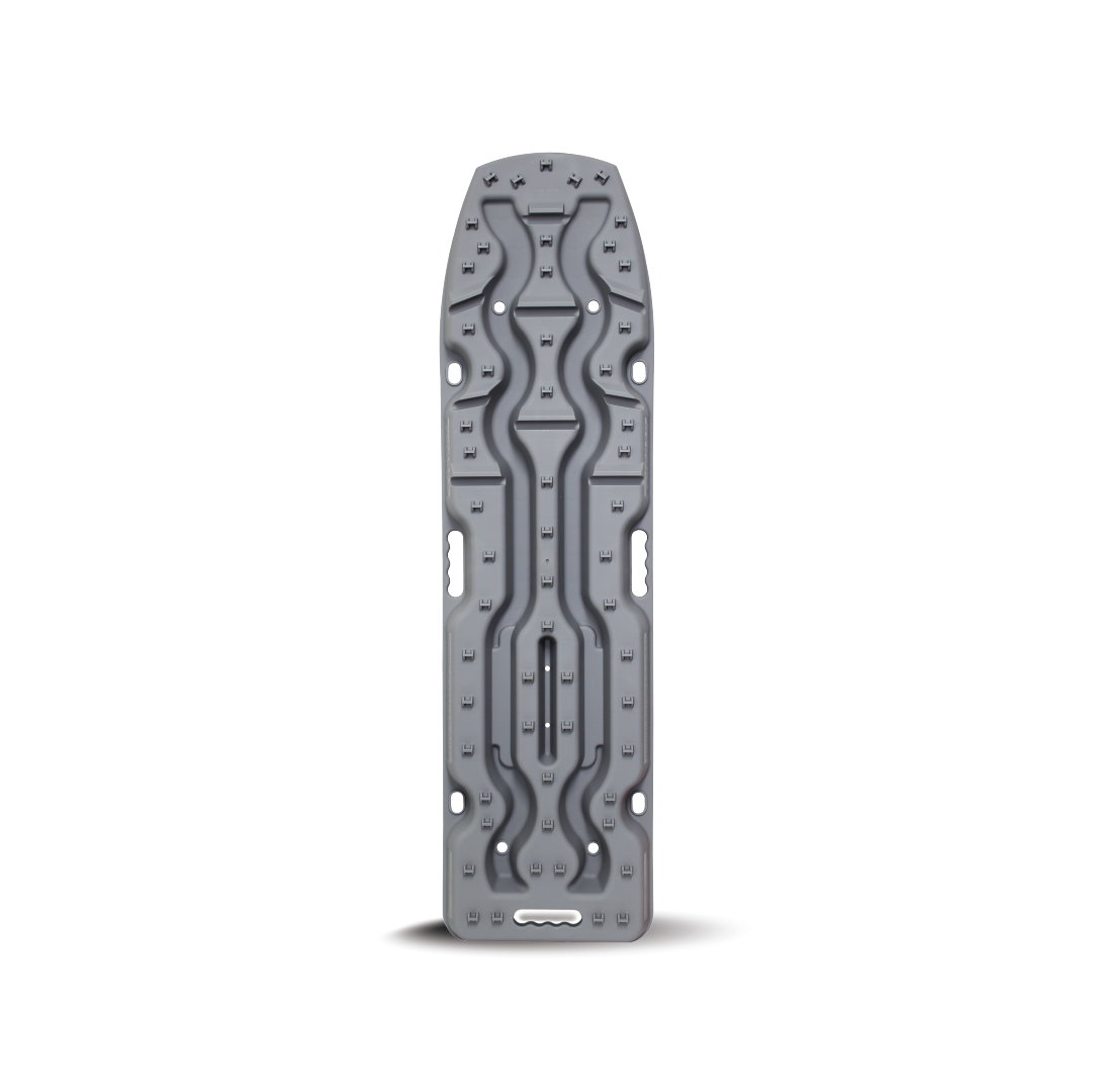 The Exitrax Recovery Boards Ultimate 1150 in Gunmetal Grey, featuring multiple handholds and slots for patient immobilization during transport, stands vertically against a white background. Ideal for emergencies, these boards come with a lifetime warranty.