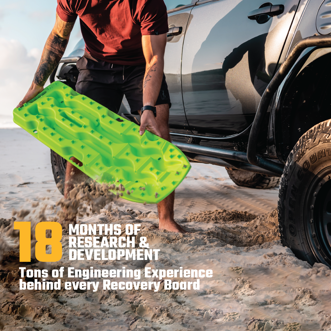 A person places a gunmetal grey Exitrax Recovery Boards Ultimate 1150 under a black off-road vehicle stuck in sand. Text reads: "18 months of R&D, expert engineering, and a Lifetime Warranty behind every Exitrax recovery board.