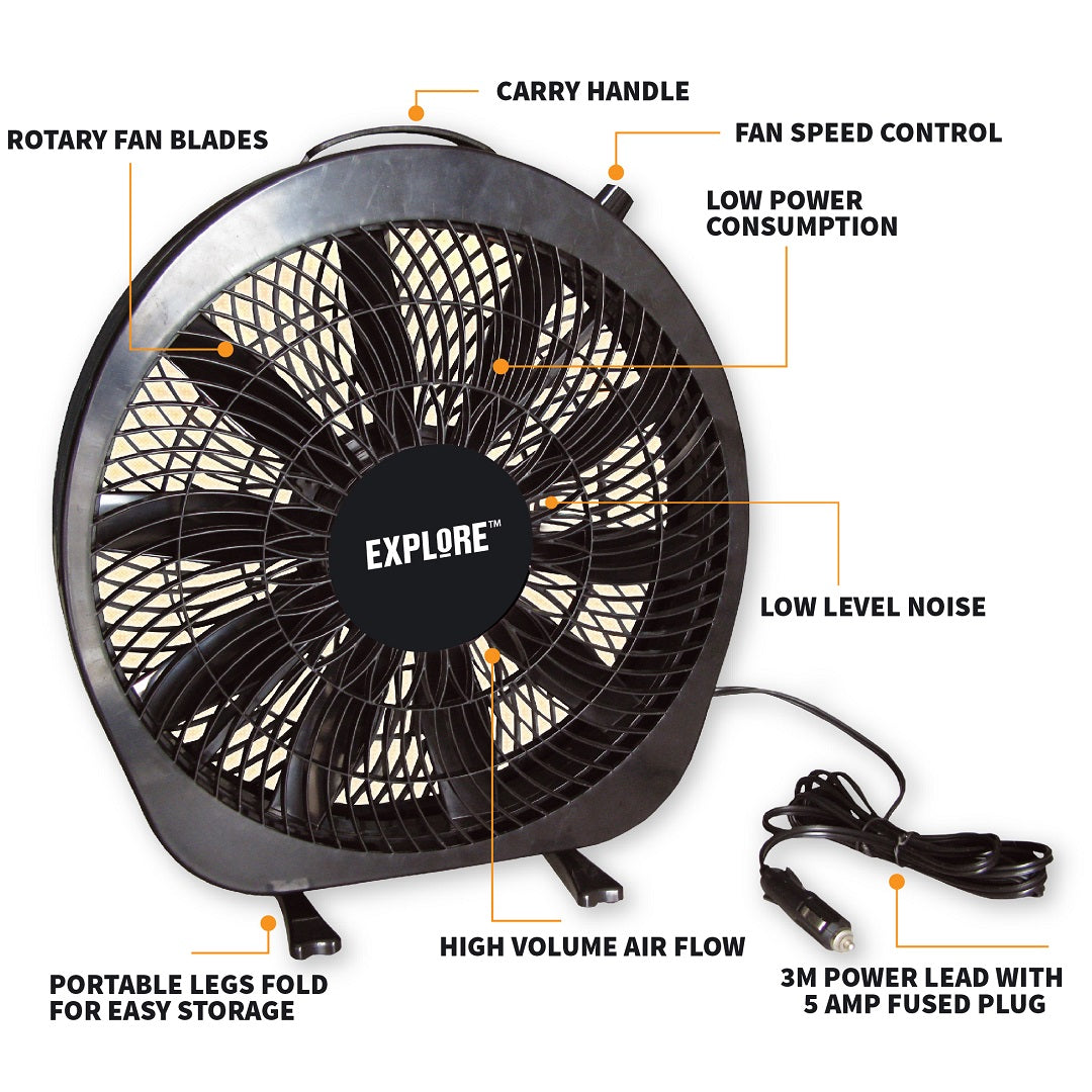 The black Explore 12V Caravan Fan features rotary blades, a carry handle, speed control, low power consumption, and quiet operation. Ideal for recreational use with portable legs and high airflow, it includes a 3m power lead with a 5 amp fused plug.
