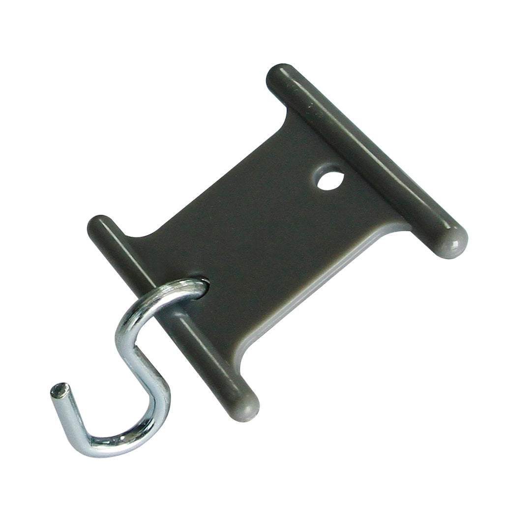 The Caravan/RV Awning S-Hook Rail Hanger - 6pk by Explore features a gray design with a metal hook attached and a hole for mounting, offering stability similar to a dual track system.