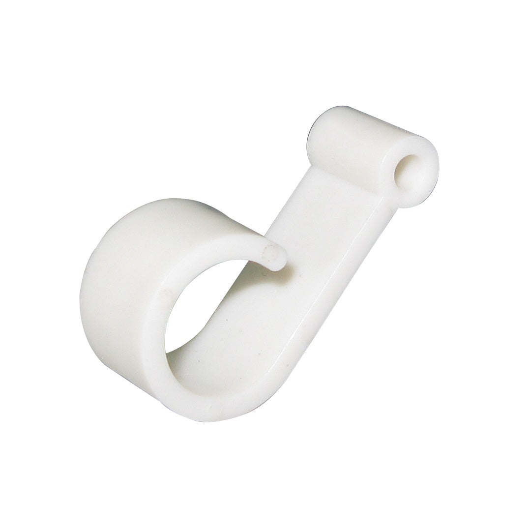 A set of Explore Caravan/RV Awning Rail Hanger Clips - 10pk, featuring a white plastic clamp with a circular loop and an extended flat section with a mounting hole, perfect for organizing cables in motorhomes or caravans.