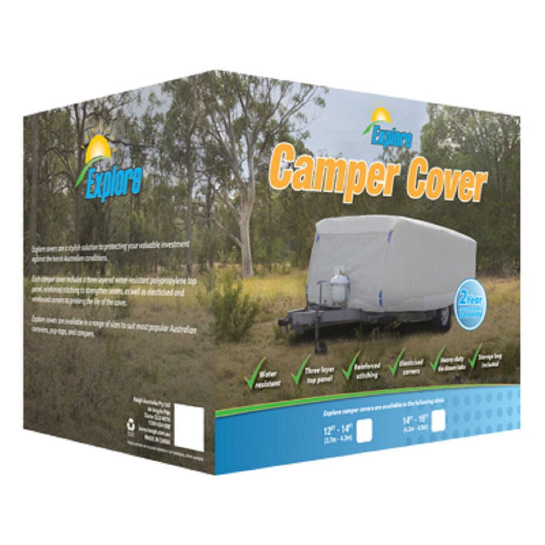 The Explore Camper Trailer Cover 3.7m - 4.2m by Explore comes in packaging that features an image of a covered camper trailer set against a backdrop of lush, grassy scenery. Key features include water resistance, reinforced stitching, and a two-year warranty, making it an ideal choice for those in search of durable caravan covers to safeguard their outdoor adventures.