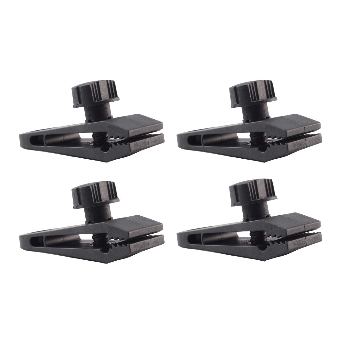 Four Explore Camping Clamps, made of black plastic with adjustable knobs, are displayed on a white background in two rows of two. These identical clips are ideal for securing fabrics or holding tarpaulins in place effortlessly.