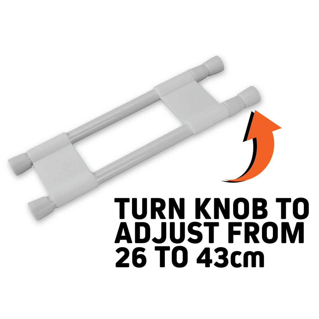 The Explore Caravan Fridge Bars measure 26-43cm and feature an innovative design with two extendable bars, perfect for organizing your RV or caravan fridge. Follow the upward-pointing red arrow as you read, "Turn knob to adjust.