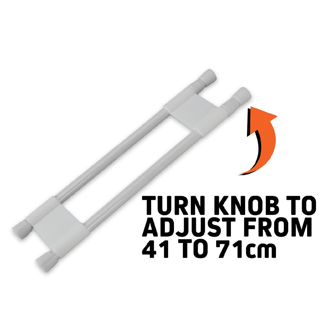 The "Explore" Caravan Fridge Bars adjust between 41-71 cm with twin parallel bars and a labeled knob for easy size adjustments, ideal for securing items in your RV or caravan refrigerator.
