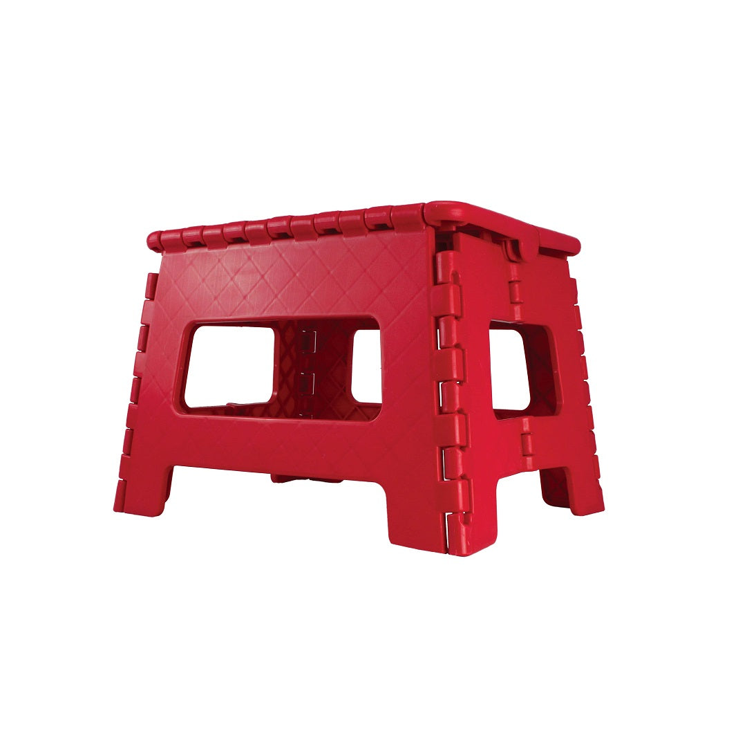 The Explore Folding Step Stool, in a vibrant red plastic design, includes cut-out handles on the sides and a non-slip surface, making it ideal for camping trips. Pictured against a white background, it conveniently transforms into a portable seat for easy use on the go.