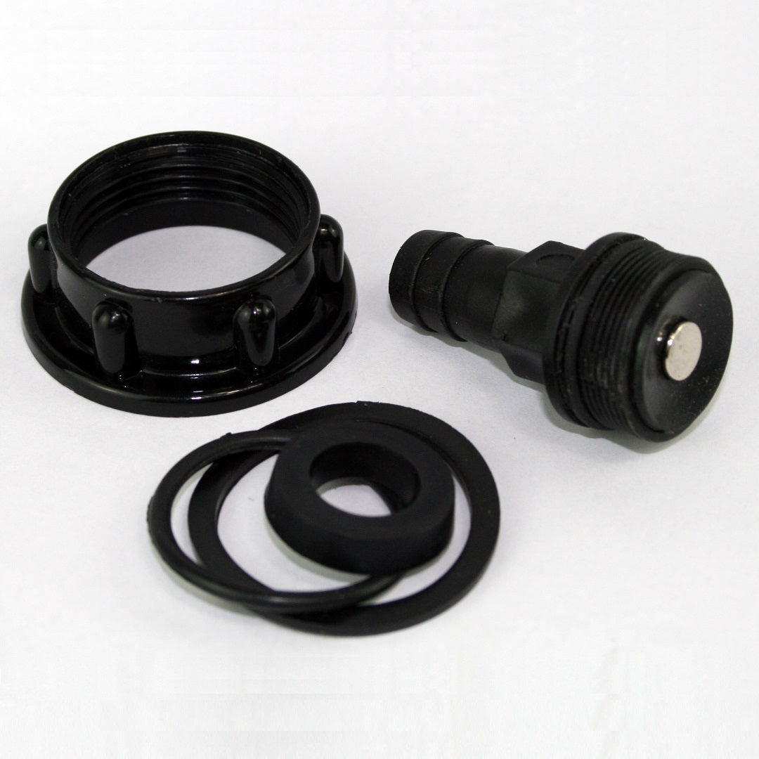 The Explore Sink Hand Pump Kit includes a black plastic connector set with a threaded cap, cylindrical fitting, and three differently sized rubber washers, displayed on a white surface. Perfect for repairing sink hand pumps or RVHP sink systems.