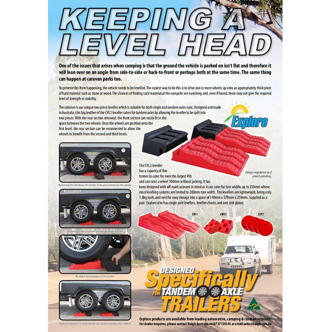 Explore presents Caravan Levelling Ramp Chocks 2pk for tandem axle trailers. Images feature ramps, a spirit level, and a towed trailer. Text highlights benefits of these chocks (CVL1 & CVL2) in leveling your trailer on uneven surfaces.