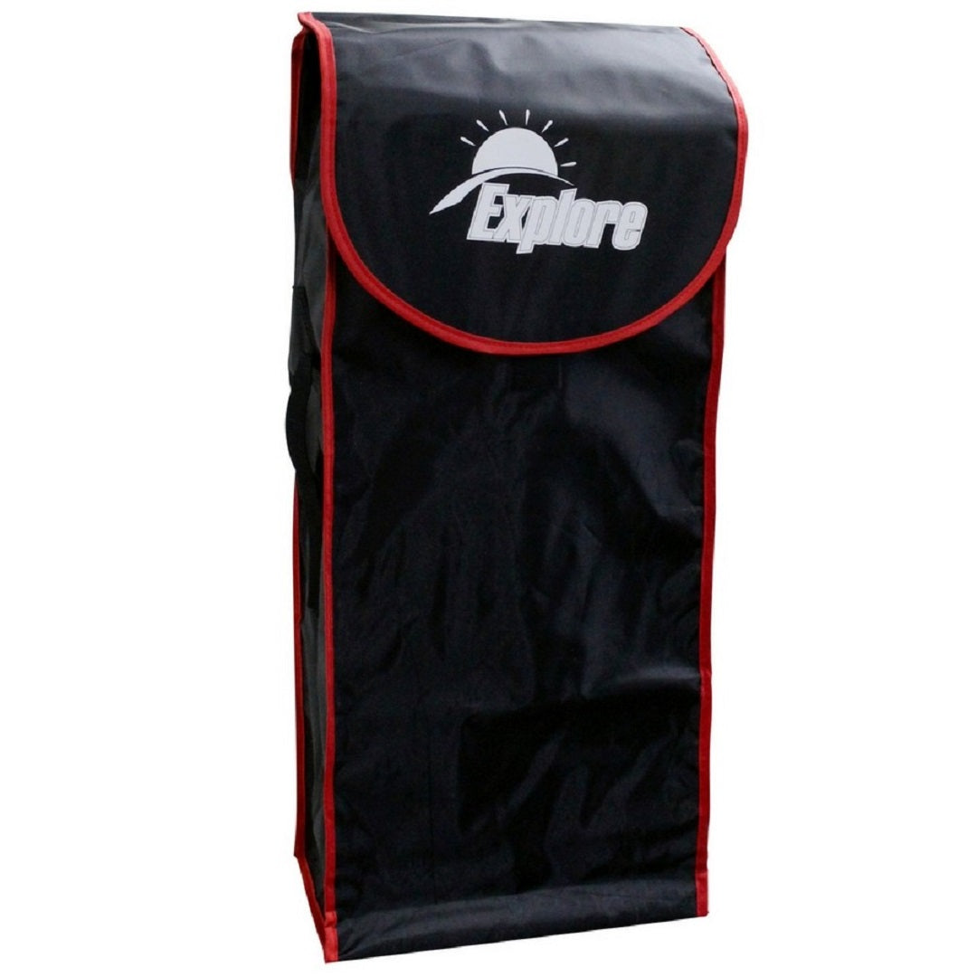 The Caravan Levelling Ramp Storage Bag by Explore is a black travel bag with red trim and a flap closure, perfect for carrying CVL2 levelling ramps or wheel chocks. It features the word "Explore" and a sun graphic printed in white on the front.