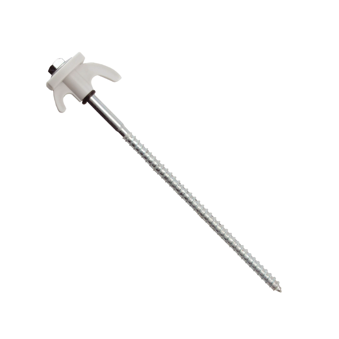 The Explore Hard Surface 8 Pce Metal Screw Pegs by Explore features a cross-shaped top and a long threaded shaft specifically designed for spinal surgery. The primary metal screw peg includes a white plastic attachment and is used for securing spinal implants.