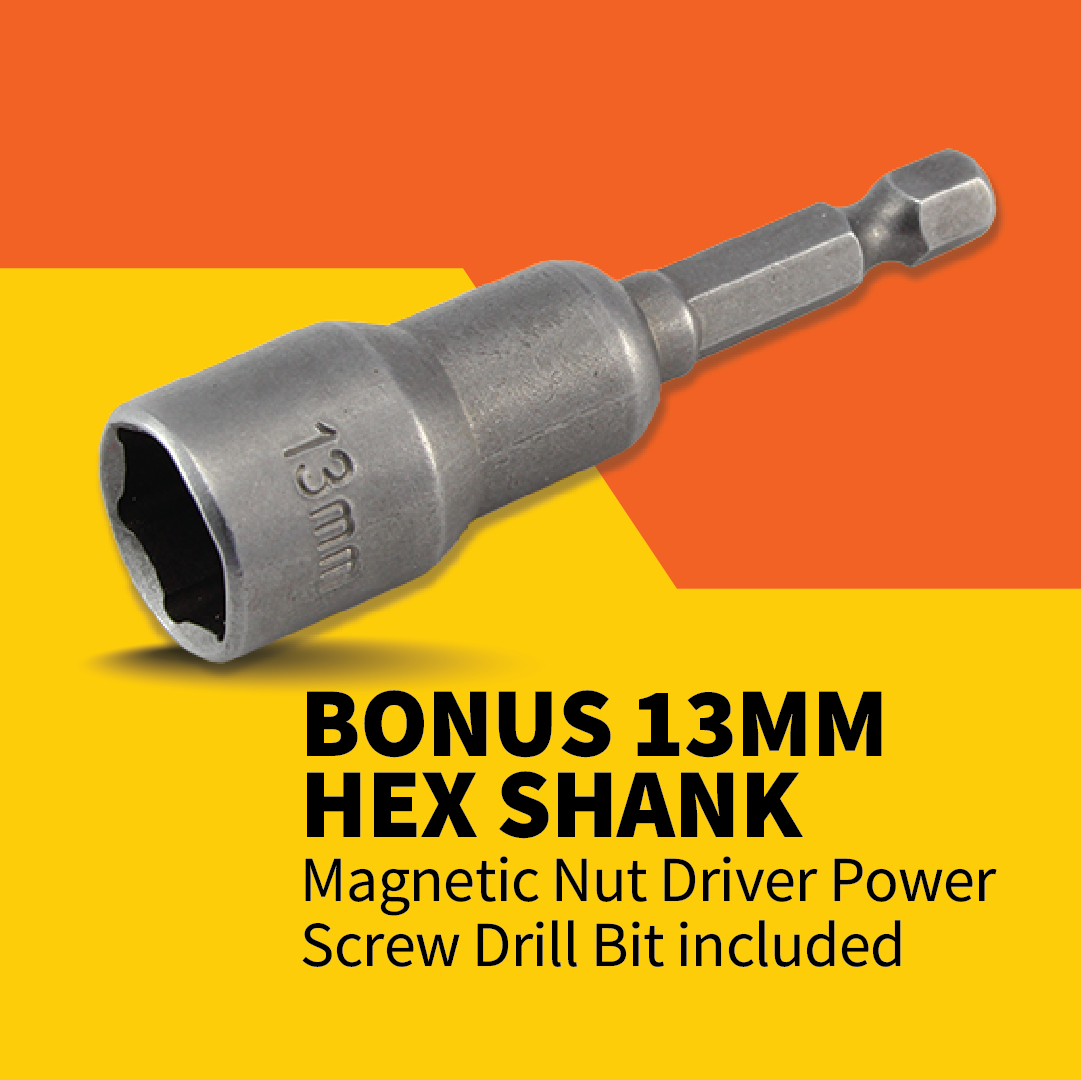 Image of the Explore Hard Surface Metal Screw Peg, featuring a hex shank magnetic nut driver power screw drill bit labeled "13MM" and displayed against a bright orange and yellow background. Made from rust-resistant steel, this durable tool is ideal for securing tents or metal screw pegs. The text beneath the image reads: "BONUS 13MM HEX SHANK Magnetic Nut Driver Power Screw Drill Bit included.