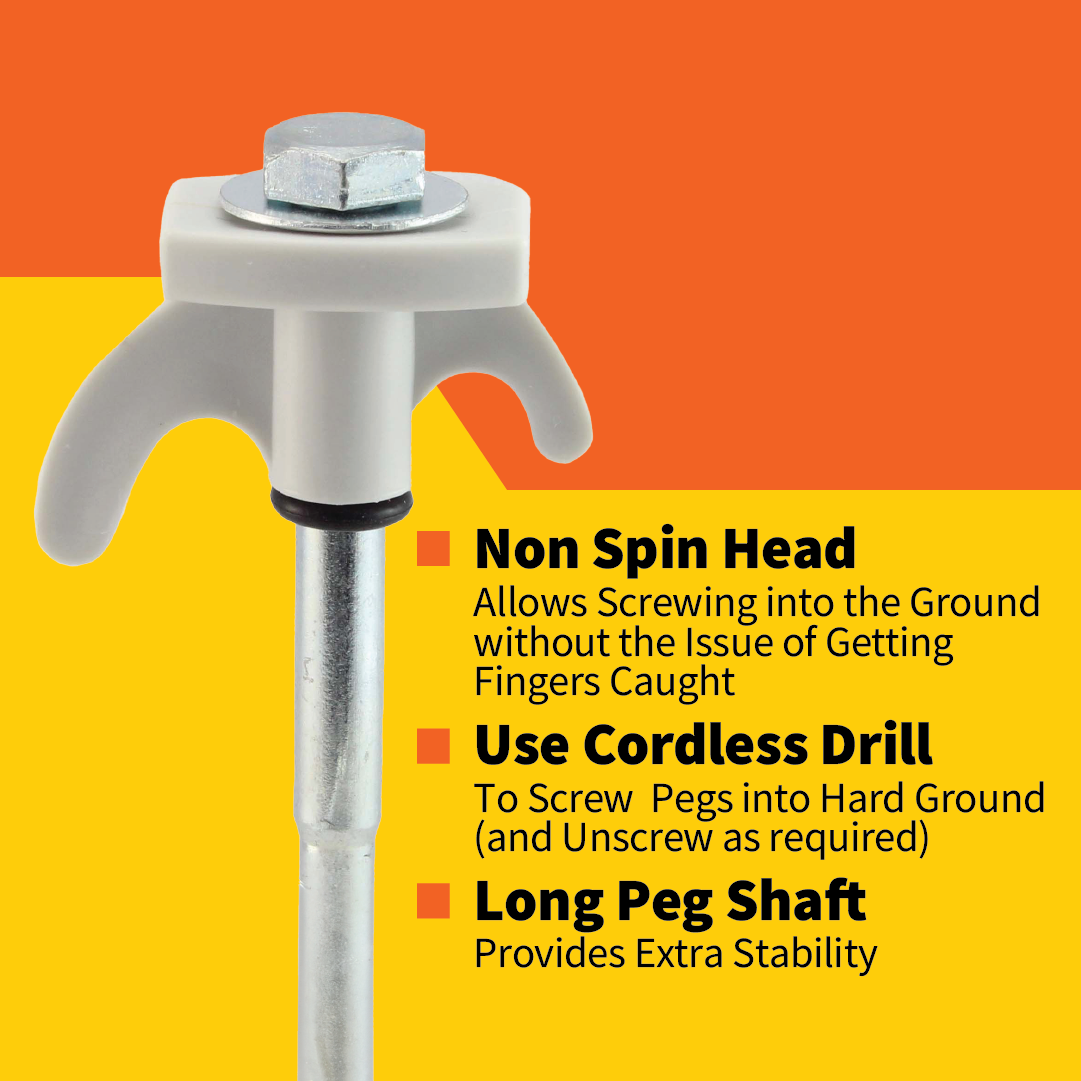 The Explore Hard Surface 8 Pce Metal Screw Pegs by Explore are designed for stable ground insertion on tough surfaces. Featuring a long shaft and a non-spin head for safety, these pegs are also cordless drill compatible, making them ideal for securing tents. The packaging background is orange and yellow.