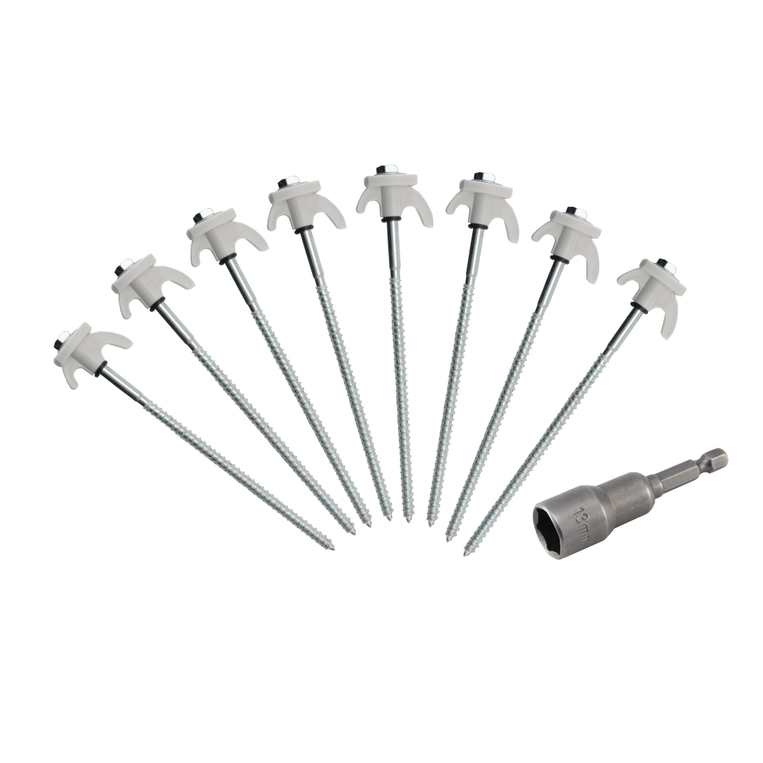 Image of a set of eight Explore Hard Surface Metal Screw Pegs, each featuring unique heads, arranged in a fan shape. A 7/16 inch hex socket tool is placed next to the pegs. The rust-resistant steel pegs have white plastic components attached to their heads, making them ideal for securing tents.