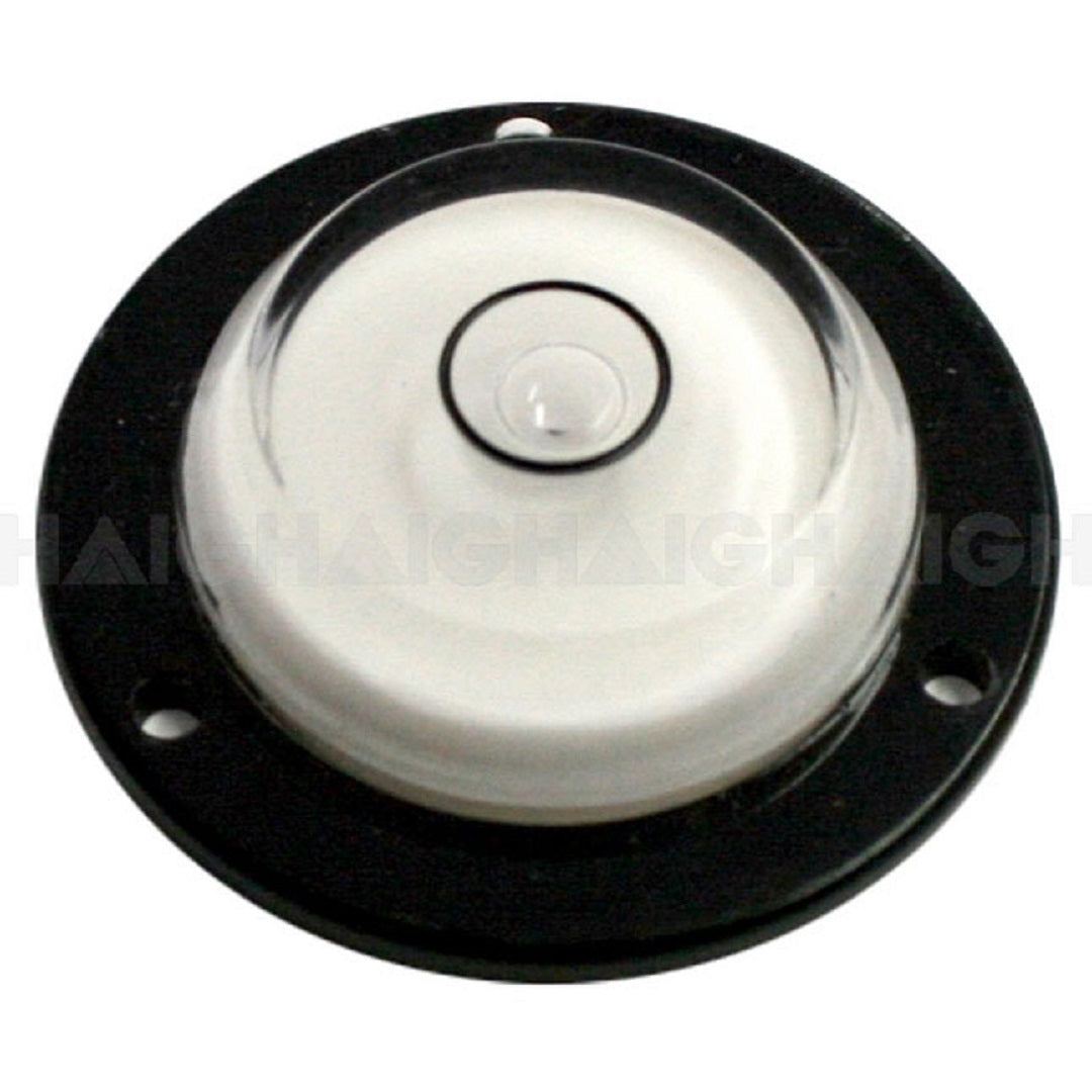 The Explore Caravan Round Bubble Level is a black and white circular device with a clear central dome for optimal performance, featuring four mounting holes around the edge.