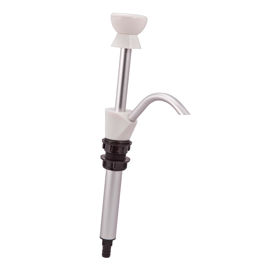 The Explore Caravan Sink Pump - White is a corrosion-resistant metal soap dispenser pump with a white top, ideal for kitchen or bathroom sinks. Its cylindrical design includes a curved spout and threaded section for easy countertop or caravan sink attachment.