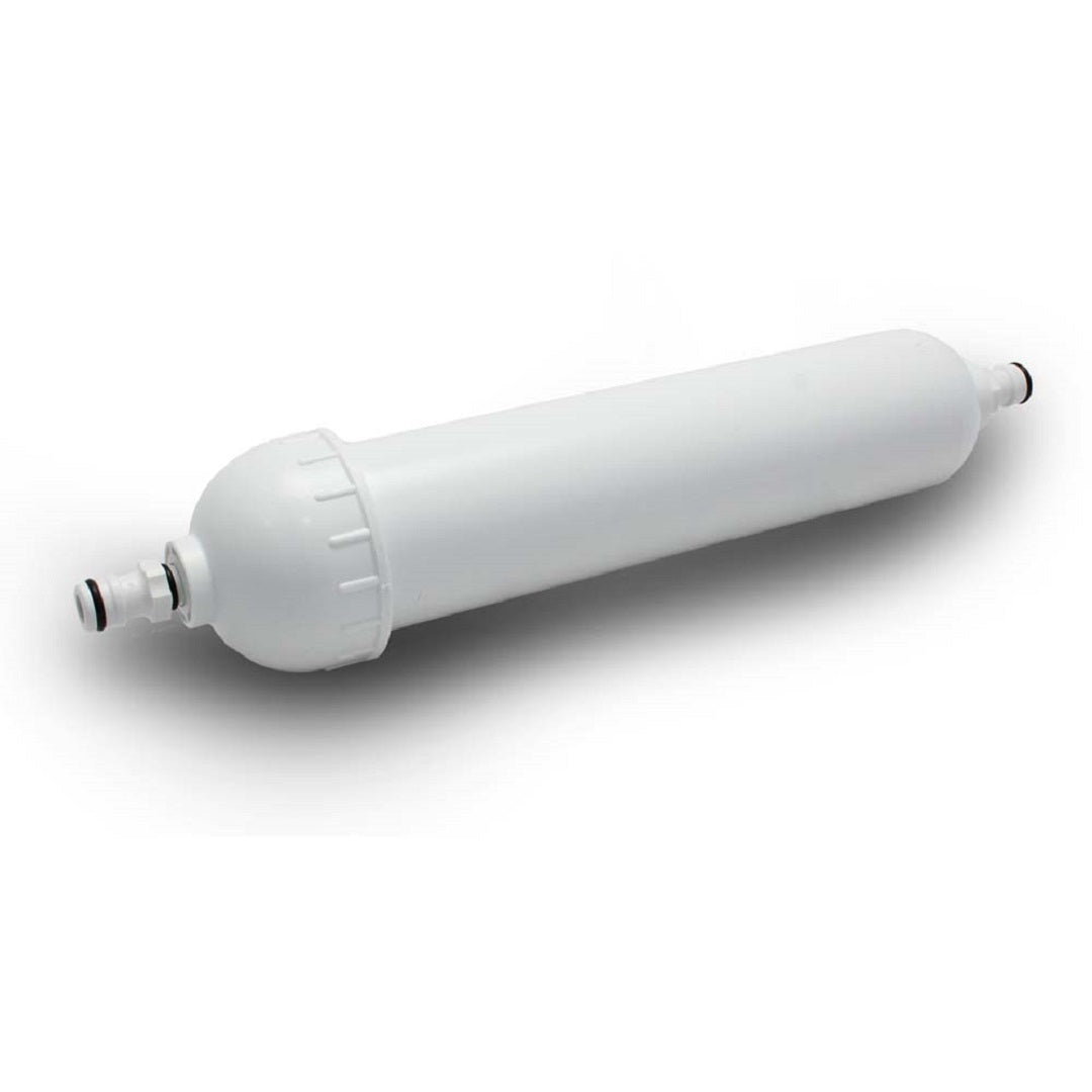 Explore's Inline Water Filter features a white, cylindrical cartridge with rounded ends and small nozzle connections on both sides. Its smooth, minimalist design makes it ideal for water purification systems, ensuring clean drinking water in caravans against a plain white background.