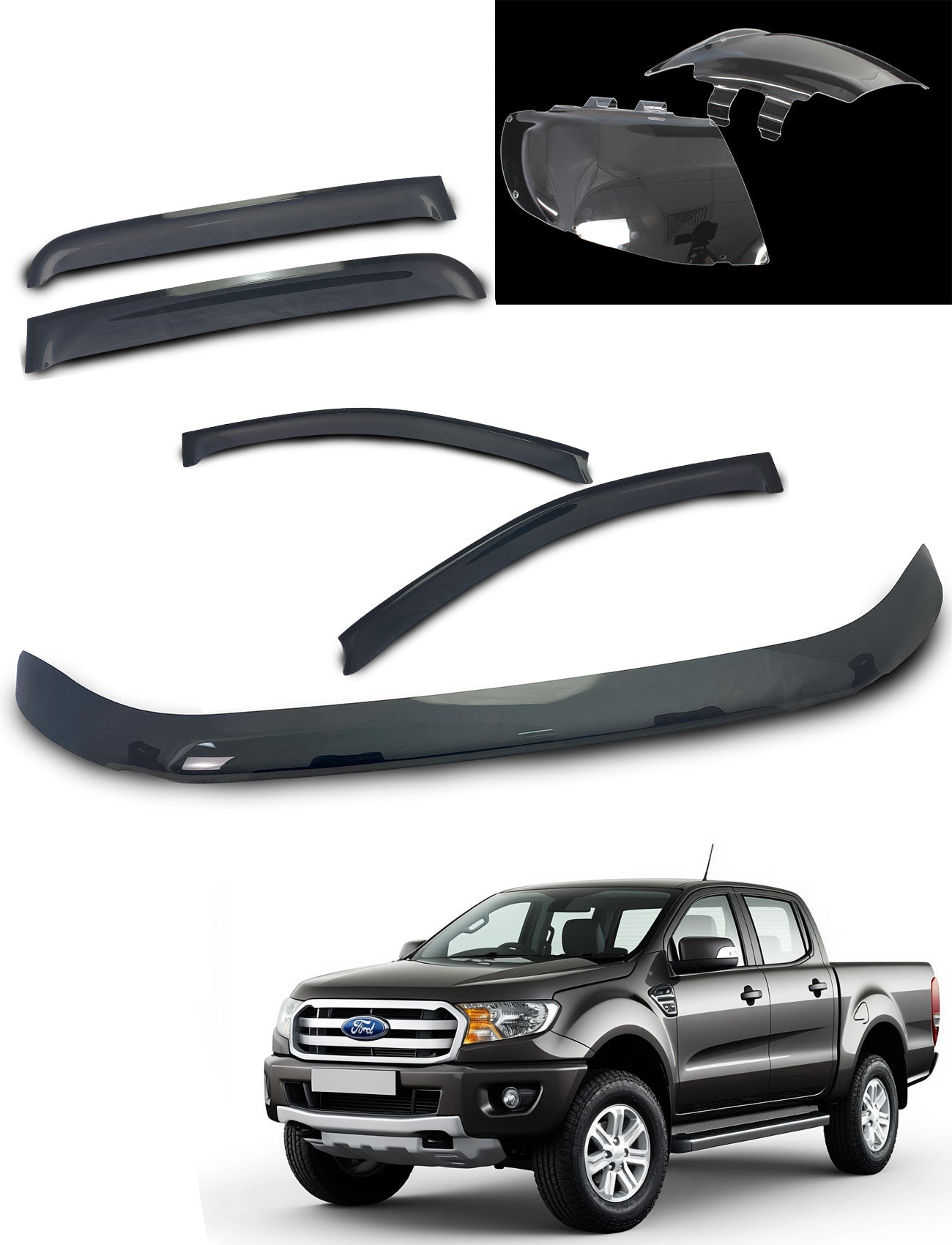 Image featuring four car accessories: Ford Ranger Weathershields, Bonnet Protector, and Headlight Protectors from Sunland Protective Plastics. A black pickup truck is parked below with a clear view of its grille and headlights.