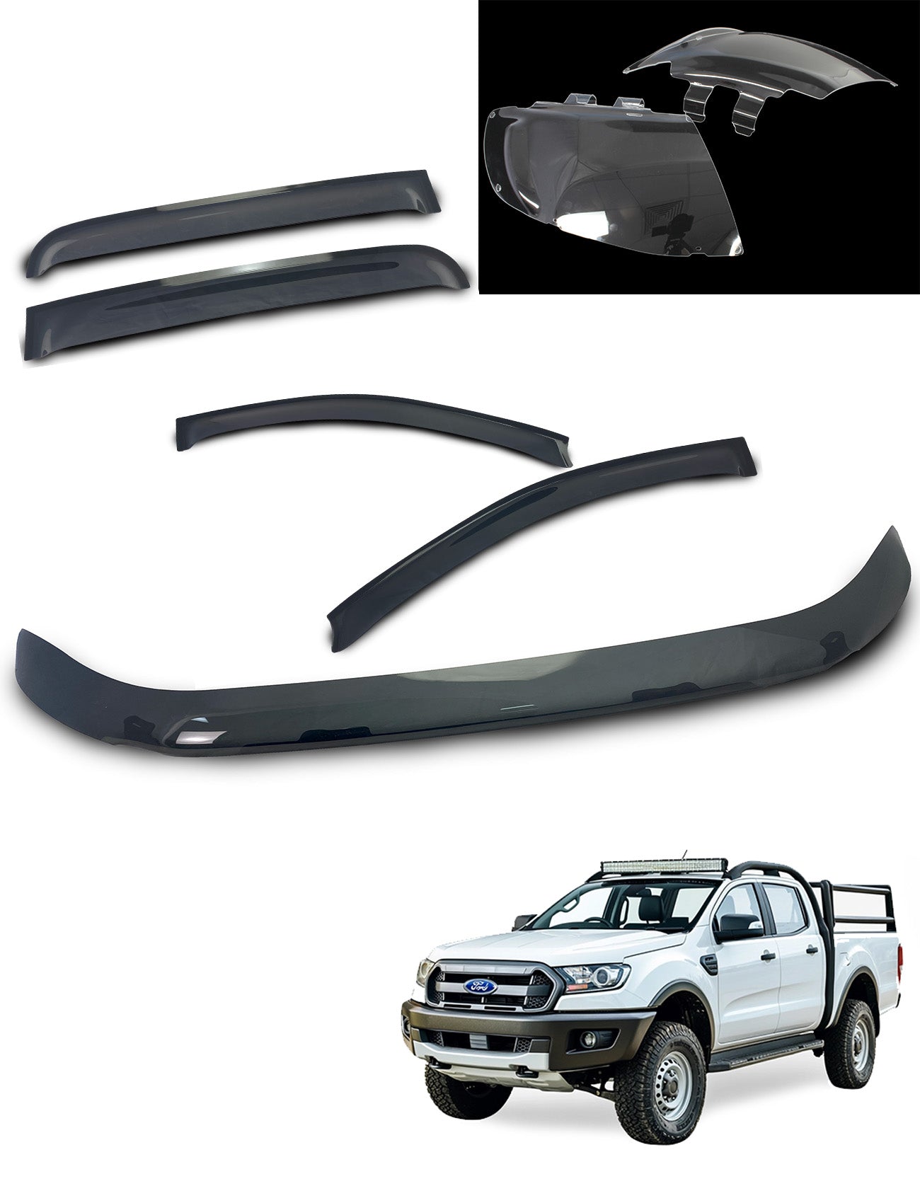 The Sunland Protective Plastics Ford Ranger Weathershields & Bonnet Protector & Headlight Protectors Bundle includes custom-moulded components like a front hood shield and Slimline Weathershield side and rear window deflectors on a white pickup truck with a roof rack.