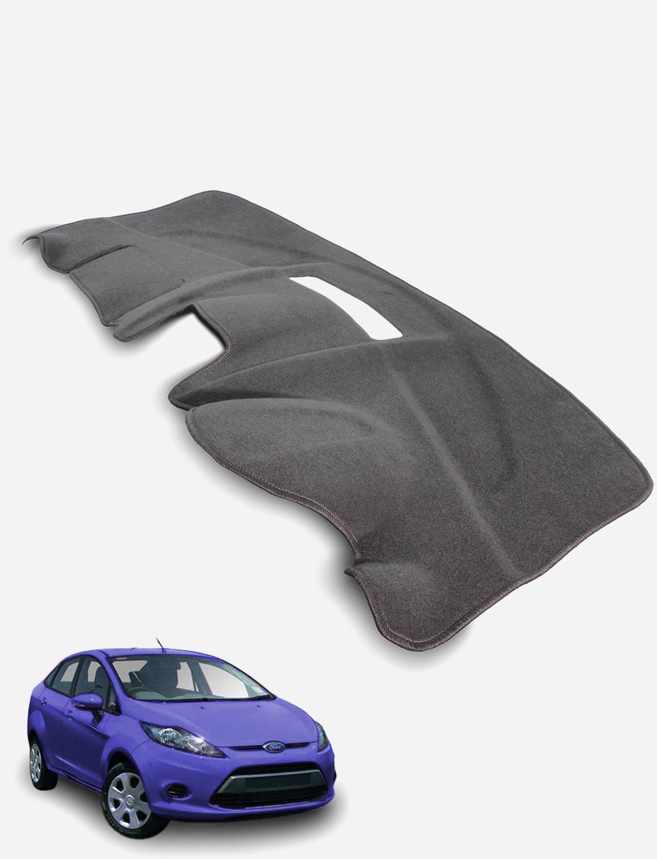 The Sunland-Protection Ford Fiesta Dash Mat in black provides sun protection and style, shown above a purple Ford Fiesta on a simple light background.