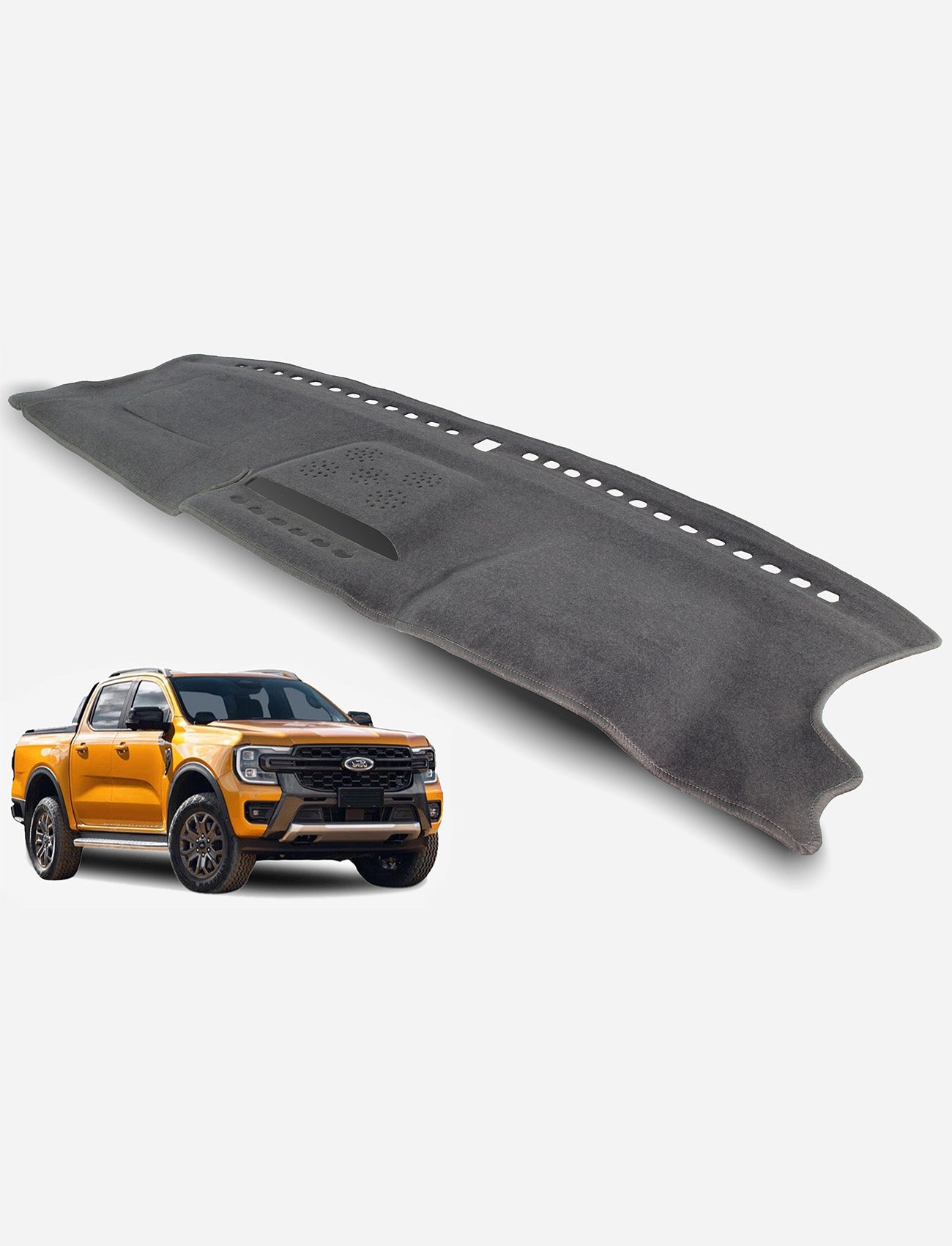 A Sunland-Protection Ford Ranger PY Dash Mat in grey is shown above and behind a yellow pickup on a white background. It fits the truck’s dashboard, protecting resale value and improving air conditioner efficiency.