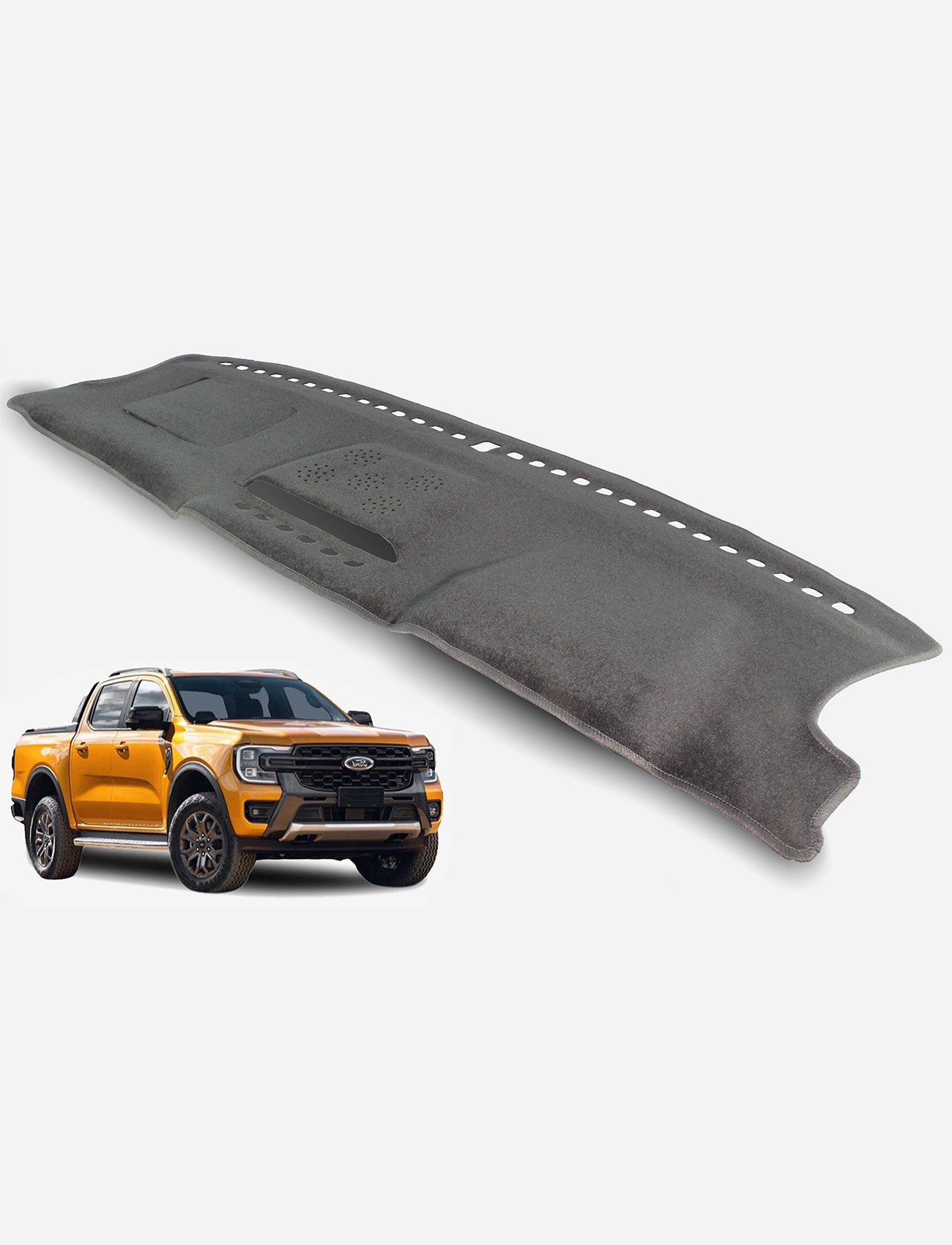 A Sunland-Protection Ford Ranger PY Dash Mat in black is shown above a yellow Ford Ranger on a plain white background. This accessory protects your dashboard, helps keep your vehicle cool, and maintains resale value.