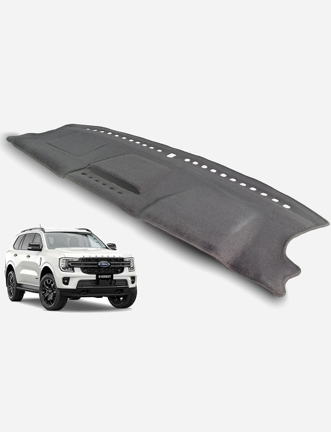 A black Sunland-Protection Ford Everest Dash Mat is shown above a white Ford Everest SUV, demonstrating this air bag safe accessory designed to fit the model and help preserve resale value.