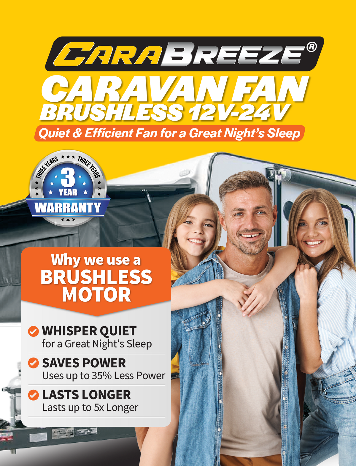 A smiling family of three stands by their caravan with the Explore Caravan Fan Black | Carabreeze, featuring energy-saving performance, whisper-quiet operation, a durable brushless motor, and a 3-year warranty.