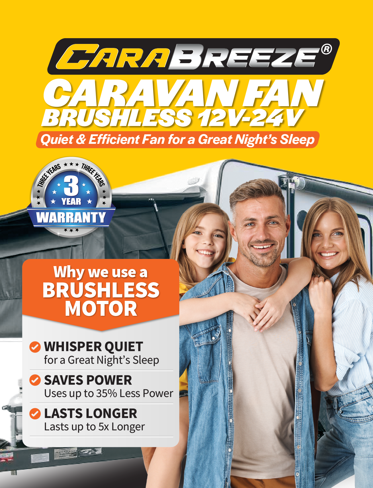 A smiling family of three stands by their caravan with the Explore Caravan Fan Black | Carabreeze, featuring energy-saving performance, whisper-quiet operation, a durable brushless motor, and a 3-year warranty.