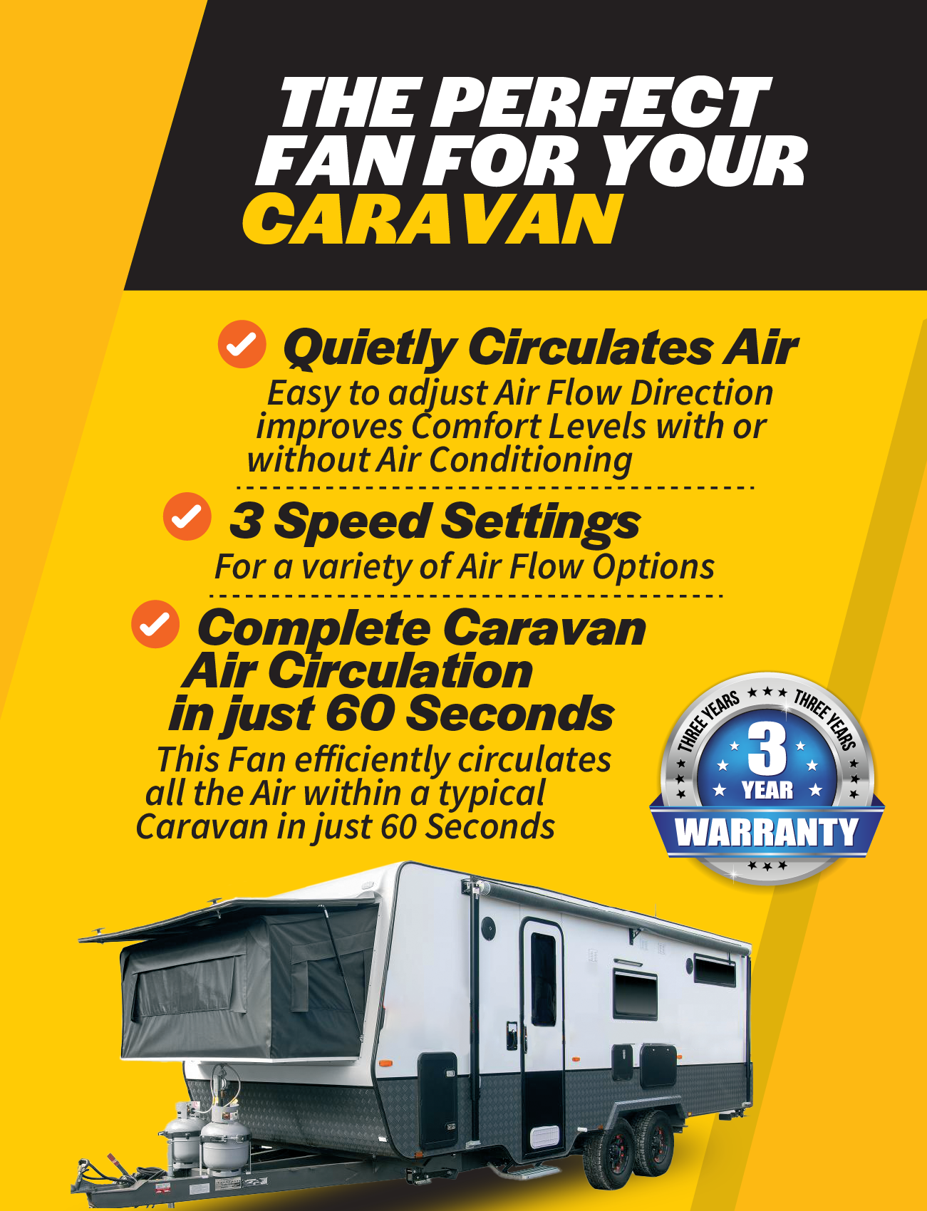 Stay cool on the road with the Explore Caravan Fan Black | Carabreeze. Enjoy whisper-quiet operation, 3 speed settings, full air circulation in 60 seconds, and a sleek design—plus a 3-year warranty for peace of mind.