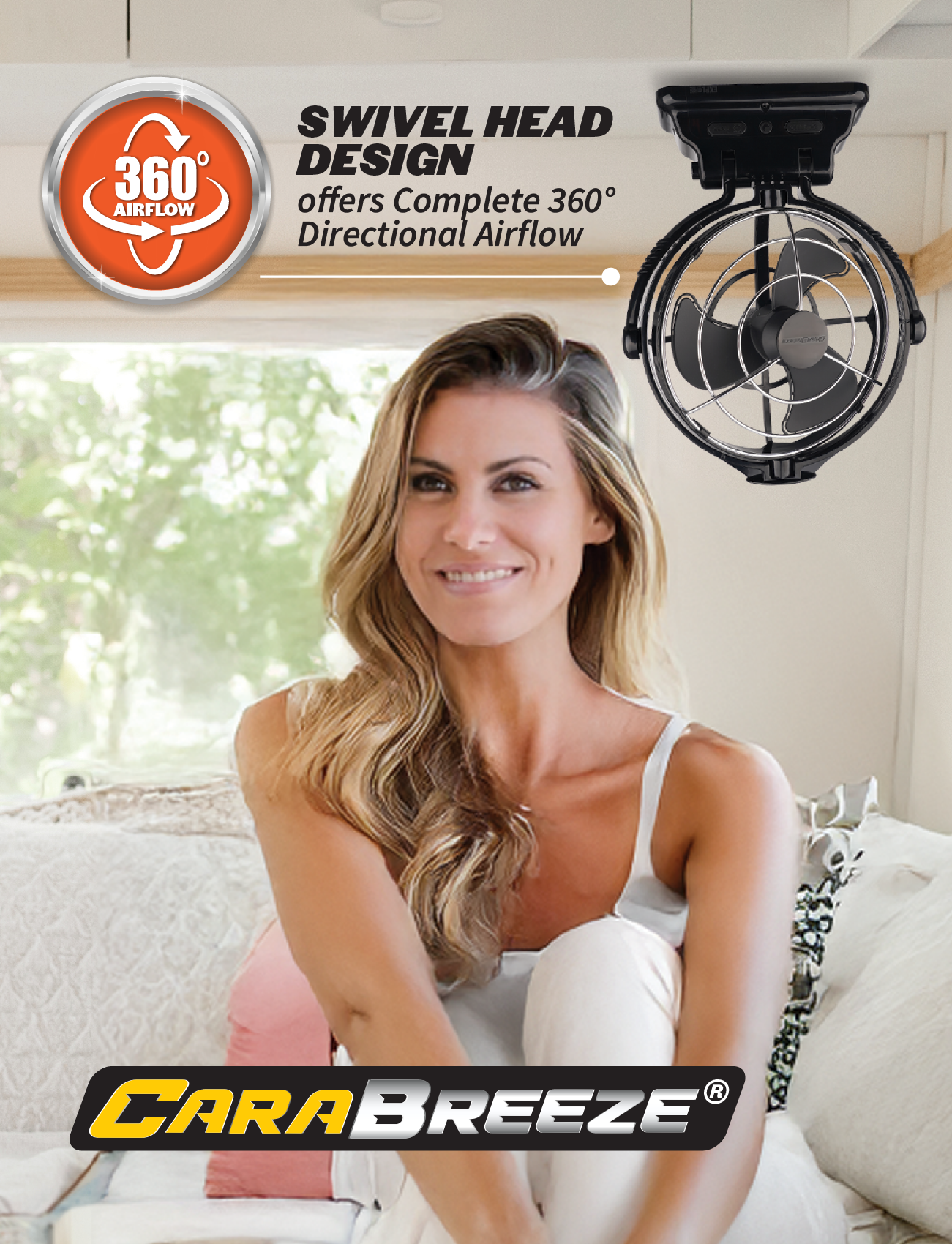 A smiling woman relaxes on a couch beside a wall-mounted Explore Caravan Fan Black | CaraBreeze, with text highlighting its 360° airflow and directional design as sunlight filters through the window in the background.