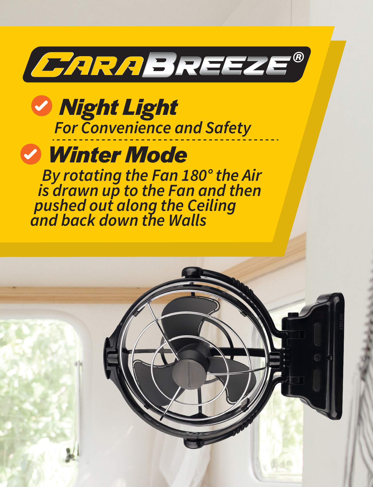 The Explore Caravan Fan Black | Carabreeze is a wall-mounted 12V fan featuring a night light for safety and convenience, plus winter mode that improves air circulation by rotating 180 degrees.