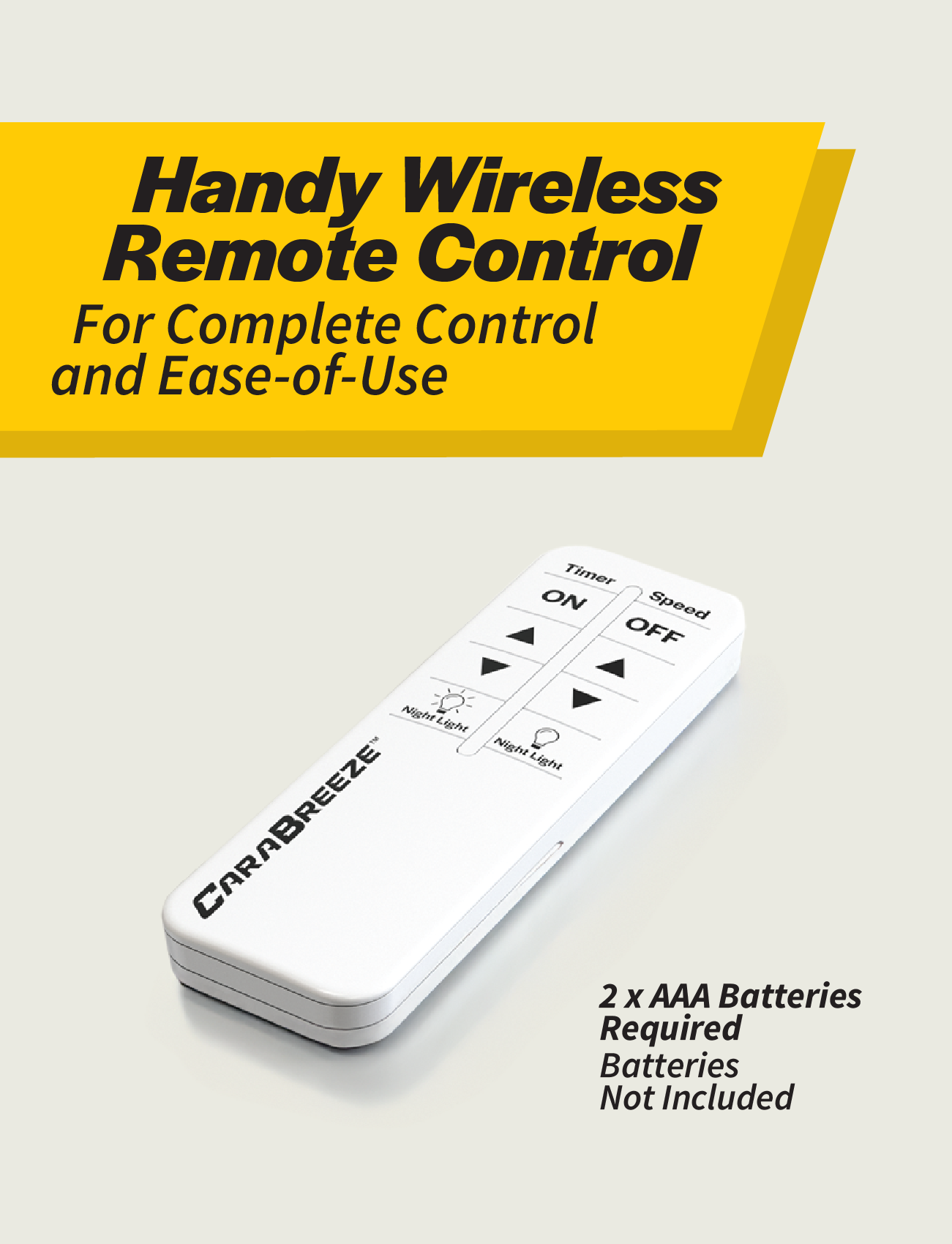 A black wireless remote labeled "Carabreeze" by Explore is shown on a light background, highlighting it as a convenient accessory for your whisper-quiet Caravan Fan Black. Requires 2 AAA batteries (not included).