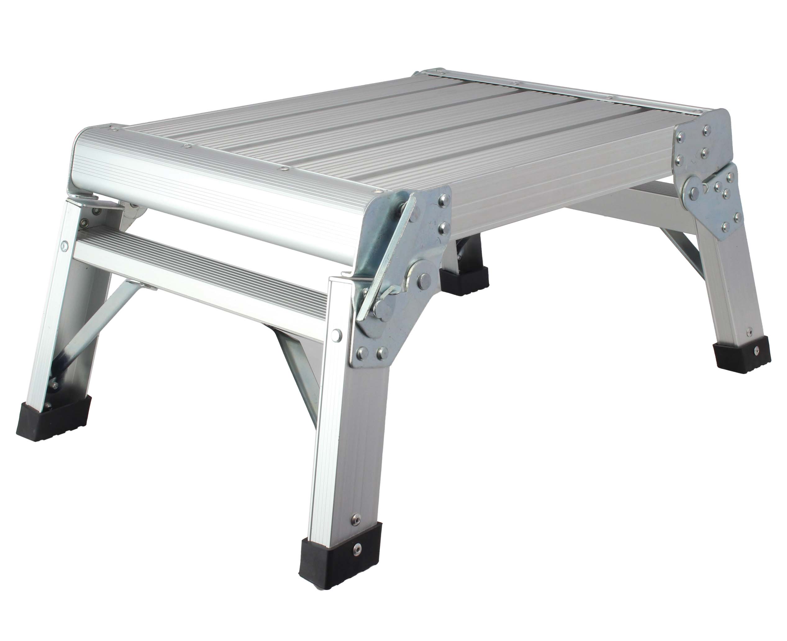The Explore Folding Step Stool - Aluminium is a lightweight, silver stool with sturdy metal construction. It has two wide, non-slip steps and non-slip feet for stability, and it's designed for easy storage.