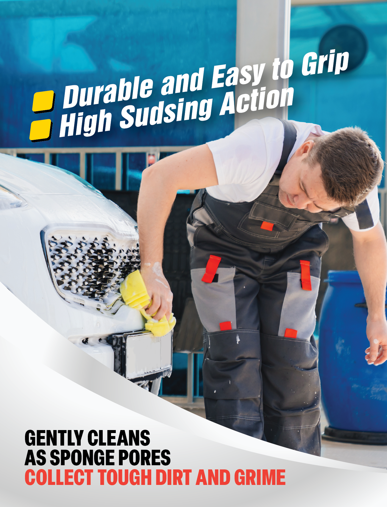 A man in overalls washes a white car with the Sunland-Protection SPONGE ALL PURPOSE (MEGA SIZE), featuring durable, easy-grip design, high sudsing action, and effective cleaning for cars, boats, caravans, and vans.