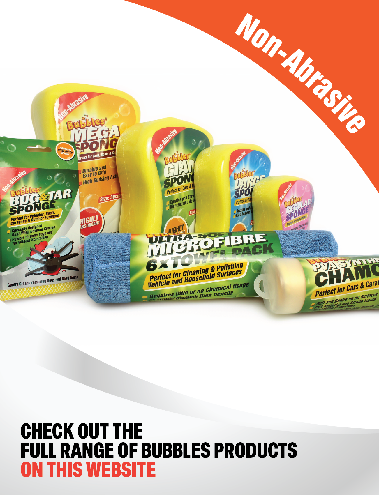 Sunland-Protection displays various cleaning products, including the SPONGE ALL PURPOSE (LARGE SIZE) with high sudsing action. The packaging highlights its non-abrasive nature. Visit the website for the full range, including perfect car cleaning sponges.