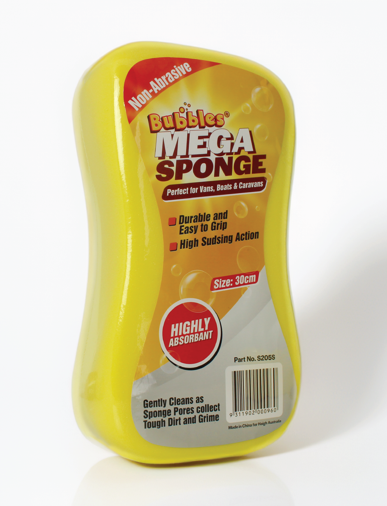 The Sunland-Protection SPONGE ALL PURPOSE (MEGA SIZE) is a yellow, 30cm non-abrasive sponge. Highly absorbent and durable, it's easy to grip and ideal for cleaning vehicles, boats, and caravans.