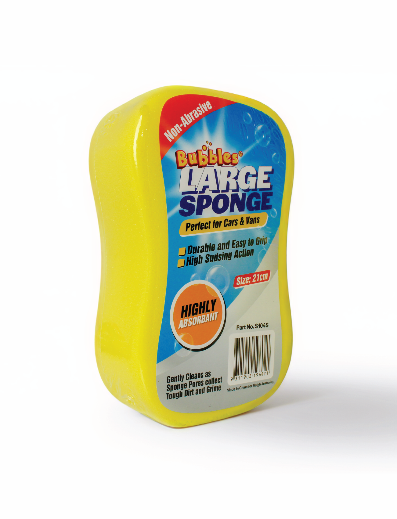 The SPONGE ALL PURPOSE (LARGE SIZE) by Sunland-Protection is ideal for cars and vans. Labeled "Bubbles Large Sponge," it features a durable, non-abrasive, highly absorbent design at 21 cm. Its yellow color enhances grip and offers high sudsing action for effective cleaning.