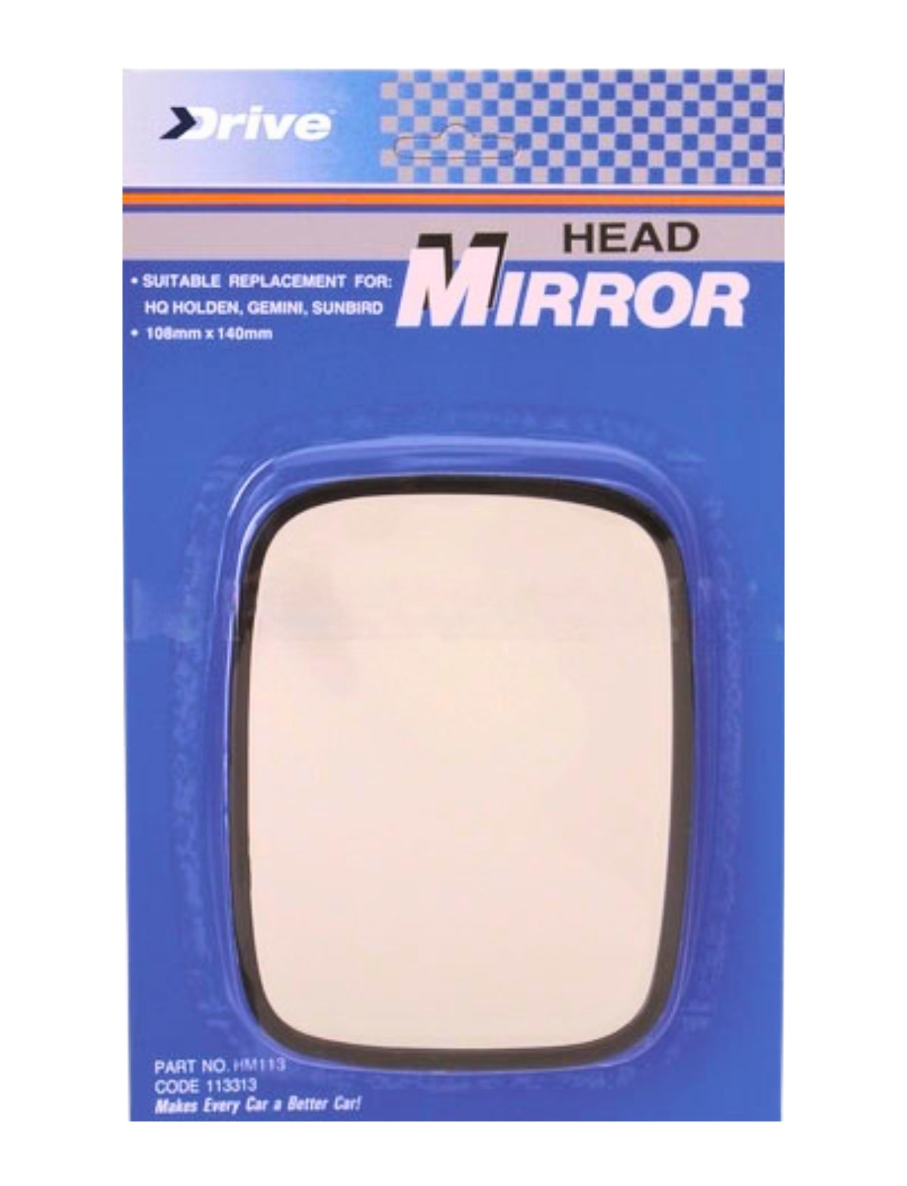 Packaging for the Sunland-Protection "Mirror Head," ideal as a replacement for HQ Holden, Gemini, Sunbird. Featuring sleek chrome design and measuring 135mm x 180mm, it promises to "Make Every Car a Better Car!" Part No. HM113, Code 11333.