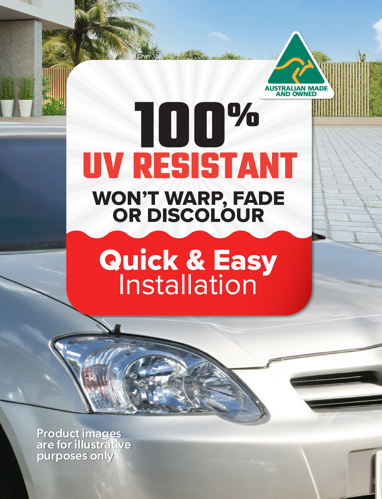 A car is parked next to a sign saying, "100% UV Resistant, Custom-moulded, Won't Warp, Fade or Discolour. Quick & Easy Installation." with the "Australian Made and Owned" logo at the top right. Sunland Protective Plastics Headlight Protectors enhance the scene against a sleek house and lush greenery.