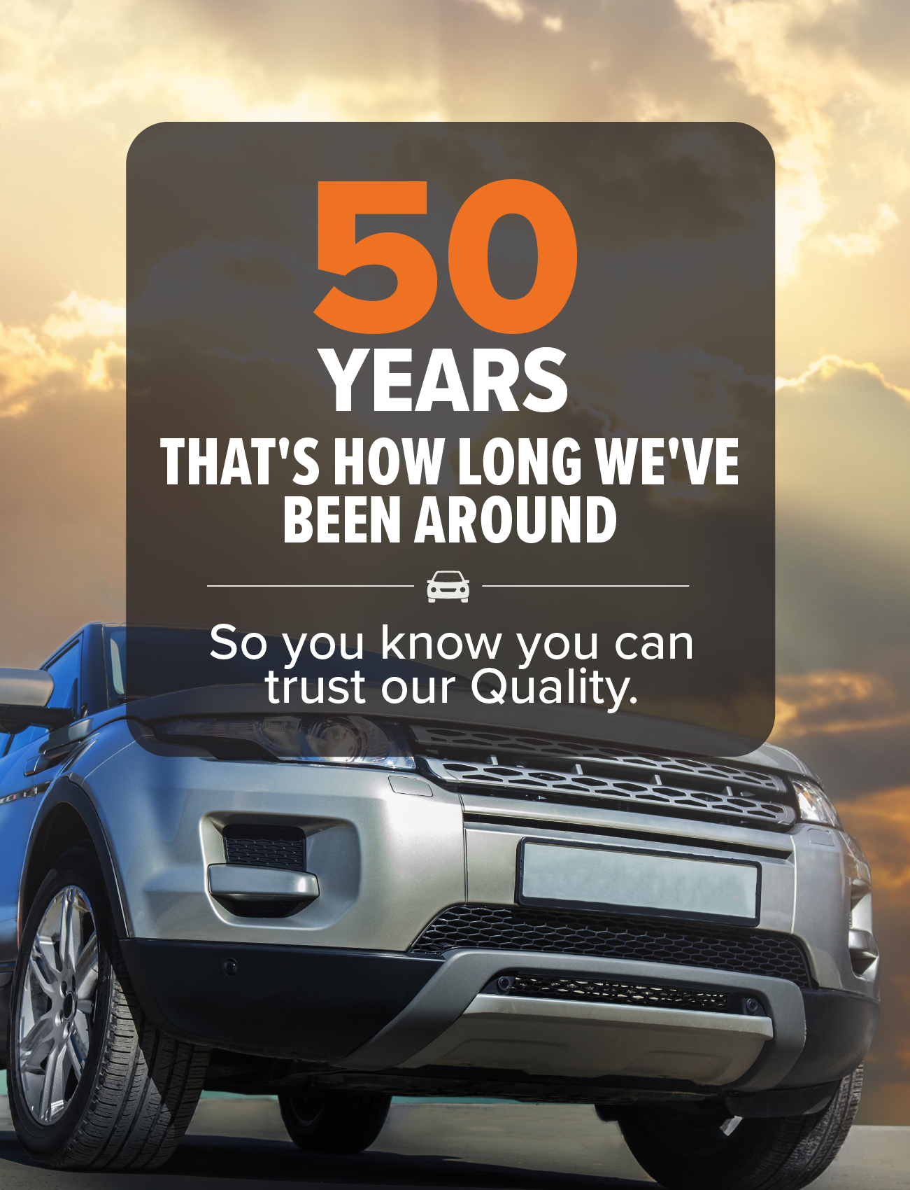 A Hyundai Excel X3 with Sunland Protective Plastics Headlight Protectors is parked under clouds, sun rays breaking through. Text overlay reads, "Celebrating 50 Years of Trustworthy Quality.