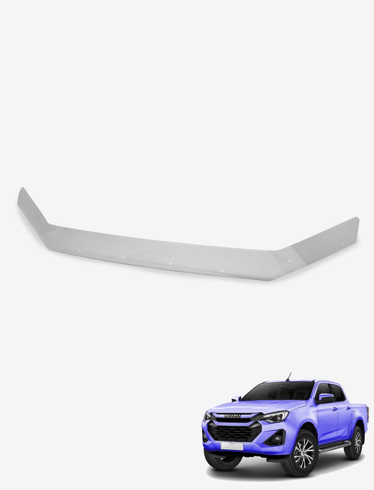 The Sunland Protective Plastics Bonnet Protector Clear, designed for Isuzu D-Max 04/2024-On, is displayed above a purple pickup on a white background, providing stone chip protection.
